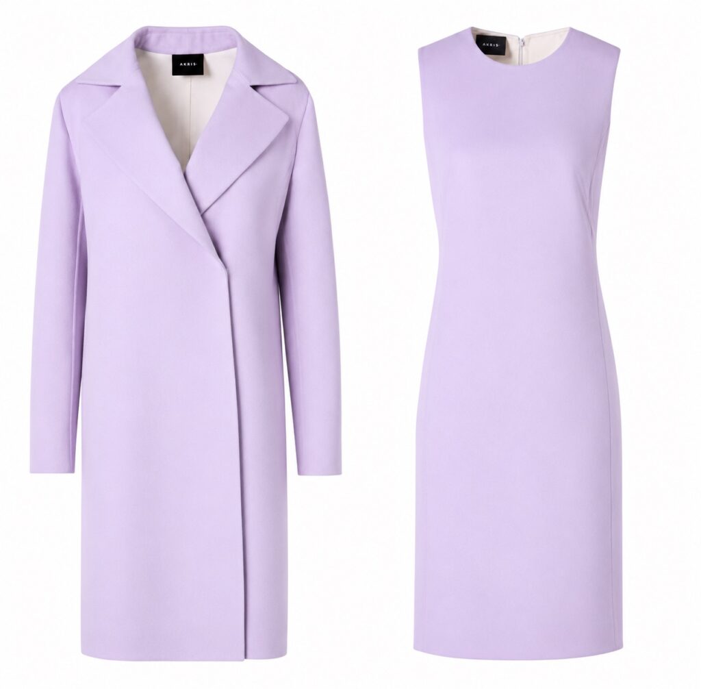 Pair of lavender-toned outfits: a knee-length coat with wide lapels on the left and a sleeveless lavender sheath dress on the right; both pieces in soft lilac color on a white background.