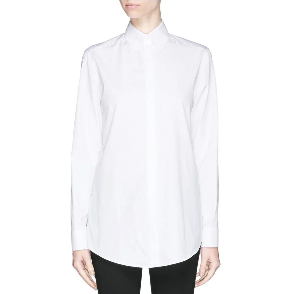 White button-down dress shirt worn by a model, long sleeves and a classic collar.