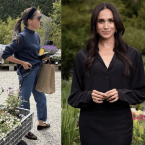 Two-panel image: left shows a woman in a navy sweater and jeans shopping outdoors with a paper bag and potted plants; right shows a woman in a black blouse posing in a garden.